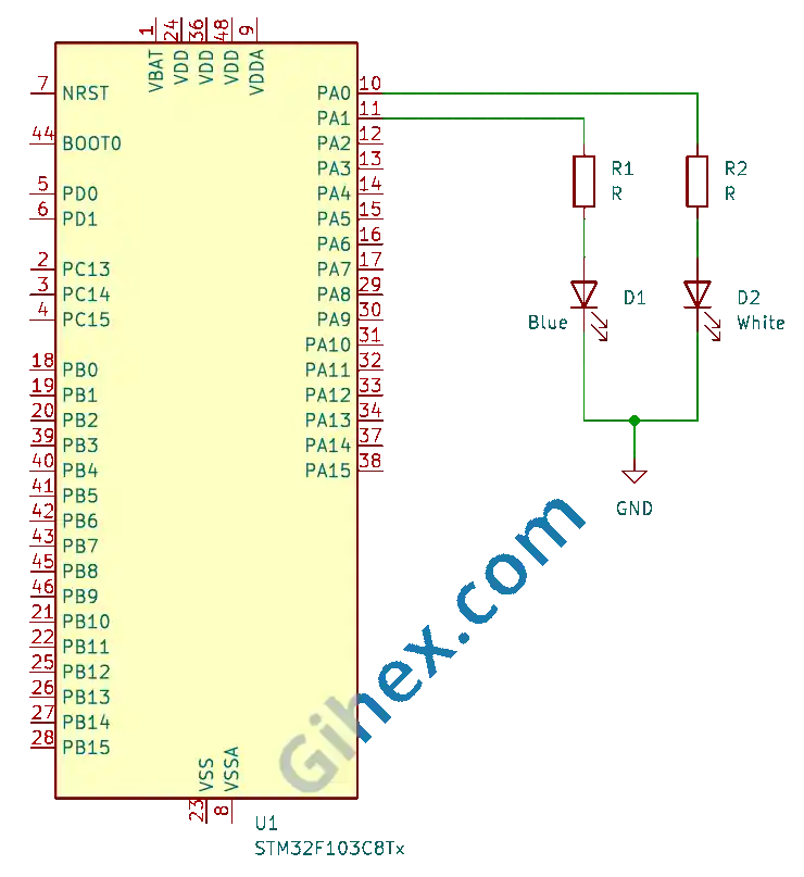 Skematik LED dan Blue Pill untuk Output Compare